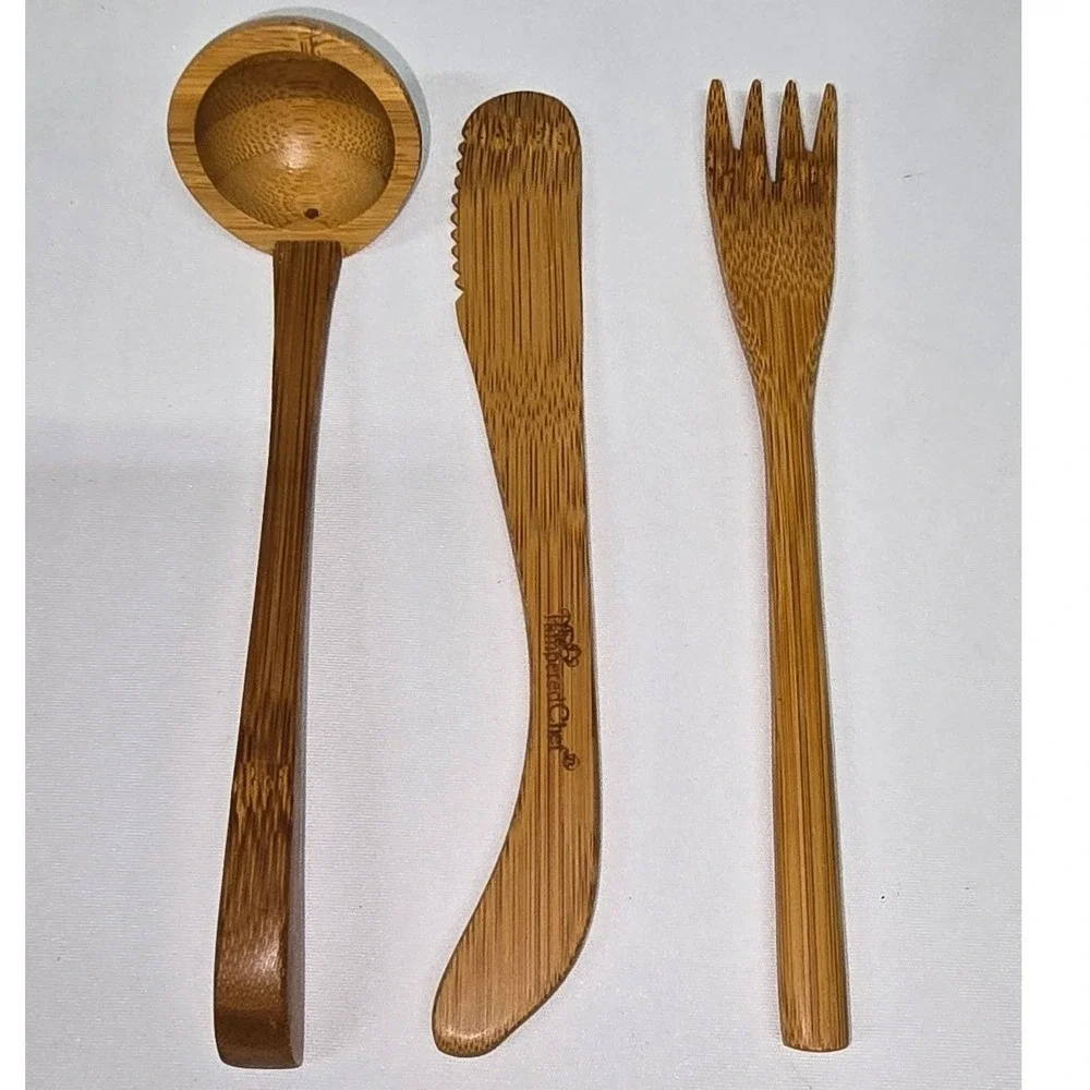 Pampered Chef Bamboo Utensil Set 3 Piece Ladle Spreader Fork Brown Wood 1007